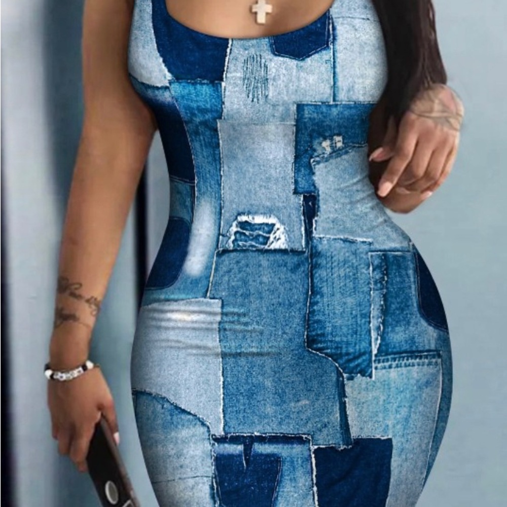 Denim Look Print Sleeveless U-Neck Bodycon Dress